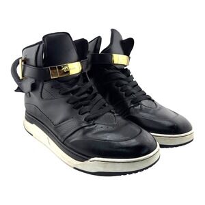 Buscemi Sneakers Mens 11  Black Leather B Court High Top Gold Lock Luxury Italy